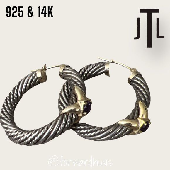 JTL Sterling Silver & 14K Gold Twisted Hoop Earrings – Amethyst Gemstone Accents - Picture 1 of 13